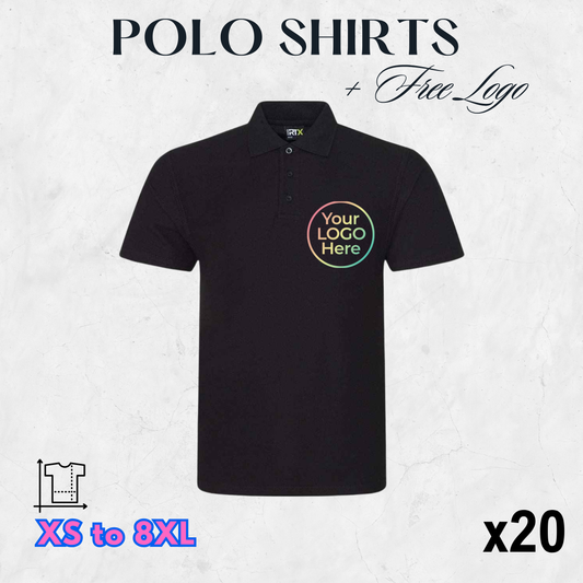 Business Starter Pack | 20 Printed Polo Shirts | Front or Back Logo Included