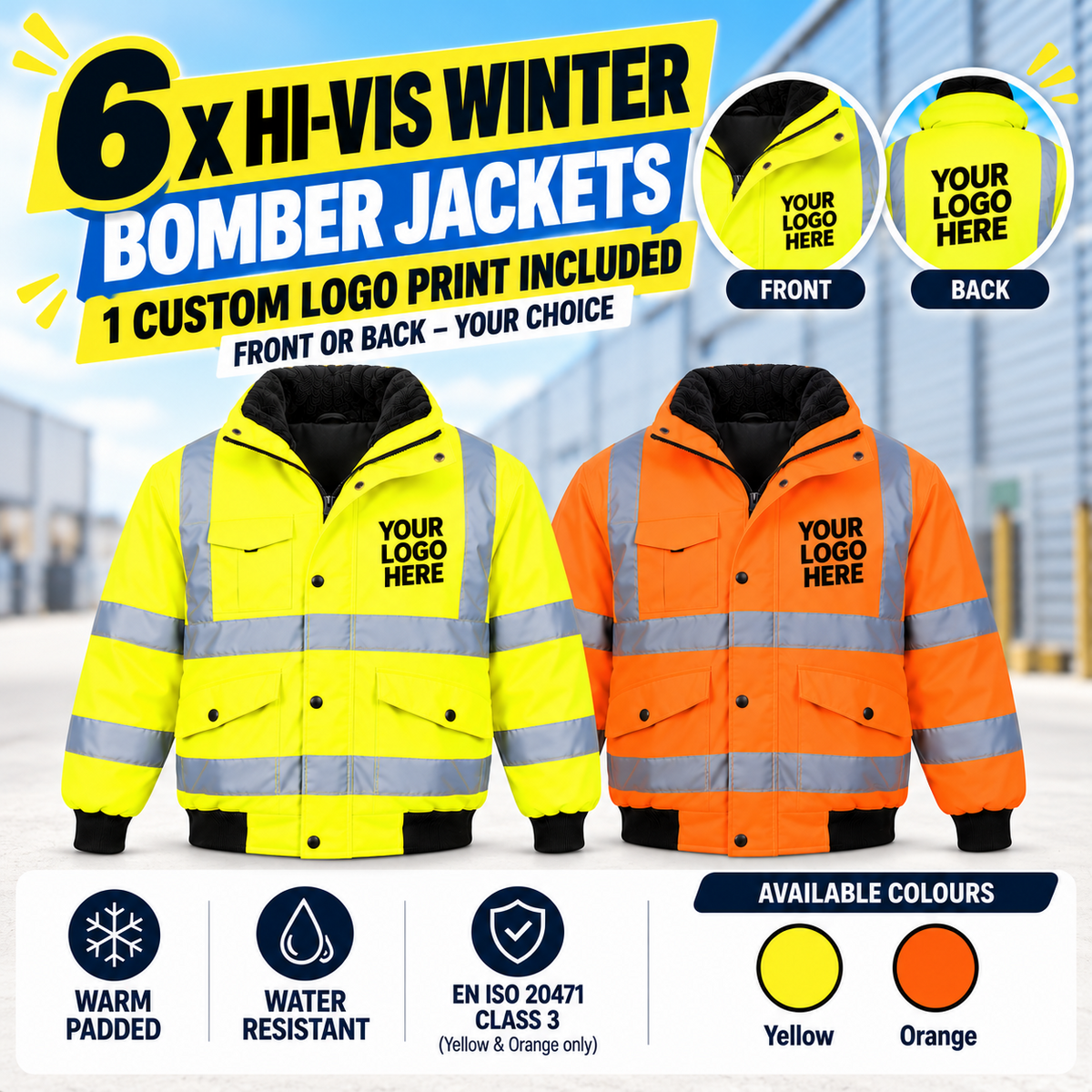 6x Hi Vis Winter Bomber Jackets with 1 custom logo print included, front or back, yellow and orange