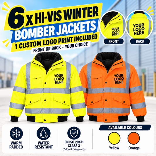 6x Hi Vis Winter Bomber Jackets with 1 custom logo print included, front or back, yellow and orange