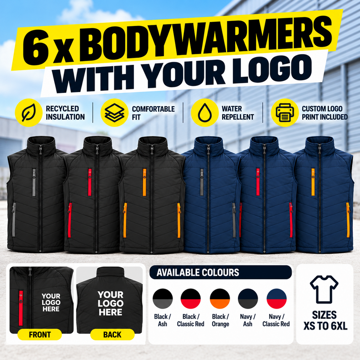 6x Regatta bodywarmers with your logo, custom logo print included, five colours