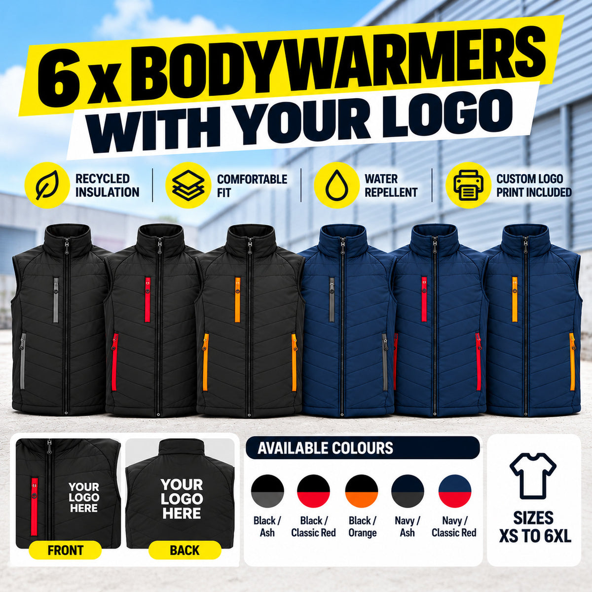 6 Regatta bodywarmer gilets with 1 custom logo print included