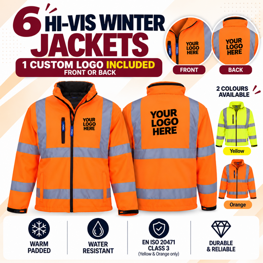 6 Hi Vis Winter Softshell Jackets with 1 custom logo print included, front or back, yellow and orange
